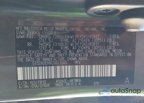 2012 Toyota Highlander from USA, damaged, VIN 5TDZA3EHXCS023565